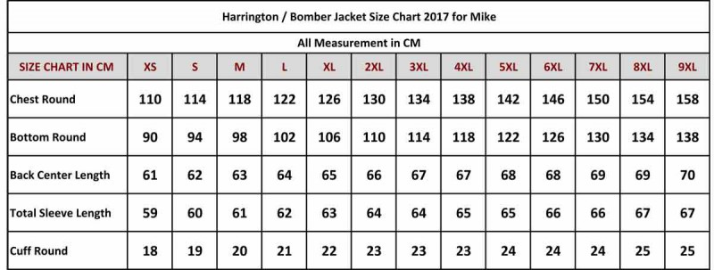 Harrington Jacket Size Chart